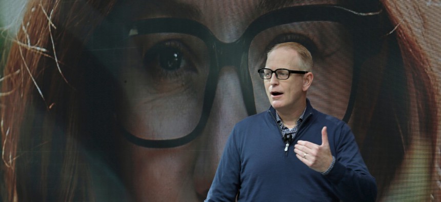 Dave Limp, senior vice president for Amazon devices & services, wears a pair of Echo Frames - eyewear enabled with the company's Alexa personal assistant technology, as he speaks Wednesday, Sept. 25, 2019, during an event in Seattle.