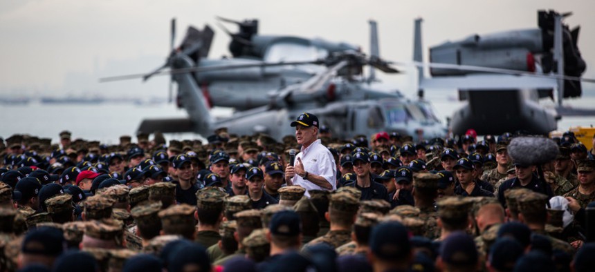 Secretary of the Navy Ray Mabus addresses Marines and sailors with the Makin Island Amphibious Ready Group/11th Marine Expeditionary Unit during his visit of Changi Naval Base, Singapore, Nov. 22, 2016. 