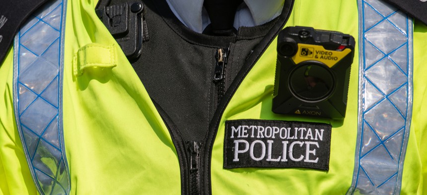 A close up of a body camera worn by a London Metropolitan police officer.