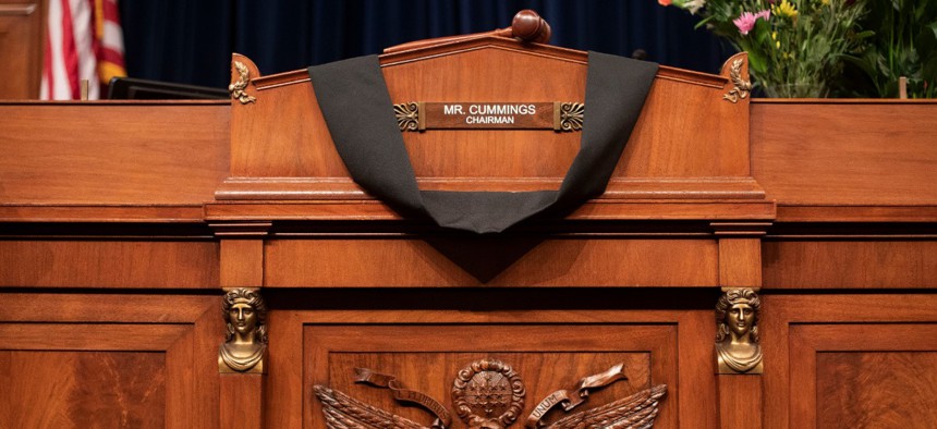 The House Oversight Committee Chairman's chair is draped in black cloth honoring Rep. Elijah Cummings, D-Md., on Capitol Hill in Washington Oct. 17, 2019.