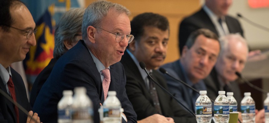 Chairman Eric Schmidt, technical advisor to Alphabet, Inc, speaks at the Defense Innovation Board’s quarterly meeting, at the National Defense University, Washington, D.C., in March.