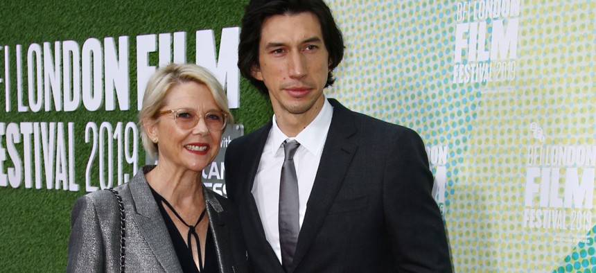 Actors Annette Bening, left, and Adam Driver pose for photographers upon arrival at the premiere of the film 'The Report' which is screened as part of the London Film Festival, in central London, Oct. 5, 2019.