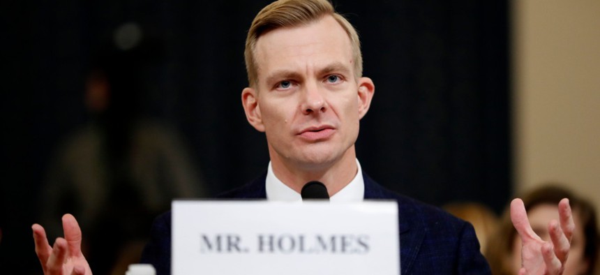 David Holmes, a U.S. diplomat in Ukraine, testifies before the House Intelligence Committee on Capitol Hill in Washington, Nov. 21.