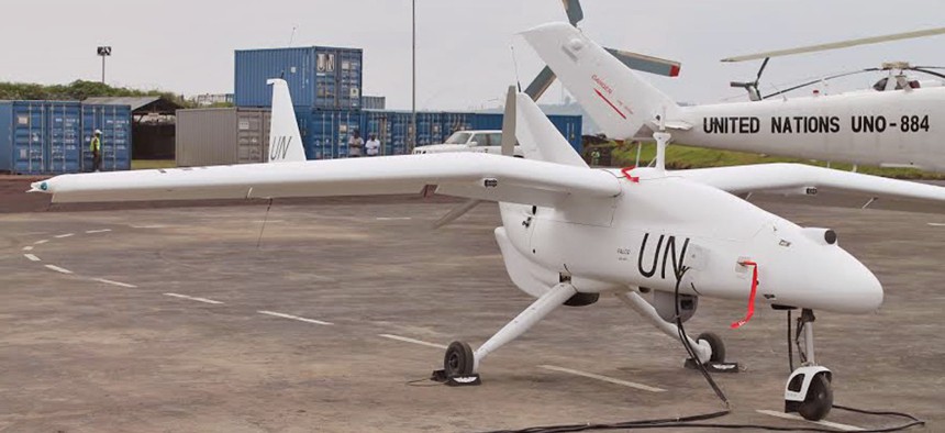 A drone that was a part of the United Nation's peacekeeping force in Goma, Congo in 2013.