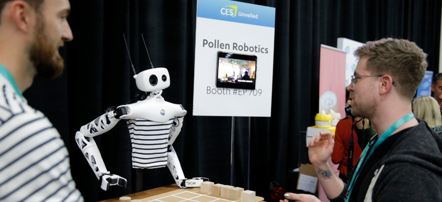 The Reachy robot appears on display at the Pollen Robotics booth during CES Unveiled before CES International Jan. 5 in Las Vegas. 