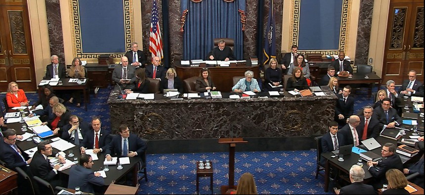 In this image from video, the Senate chamber during the impeachment trial against President Donald Trump in the Senate at the U.S. Capitol in Washington Jan. 28.
