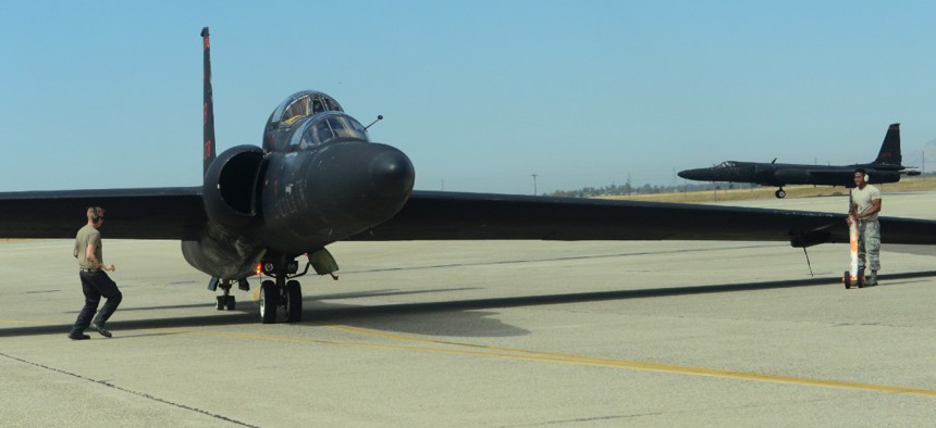 A U-2 Dragon Lady awaits for 9th Maintenance Group airmen to attach wheels to the aircraft Sept. 5 at Beale Air Force Base, California. 