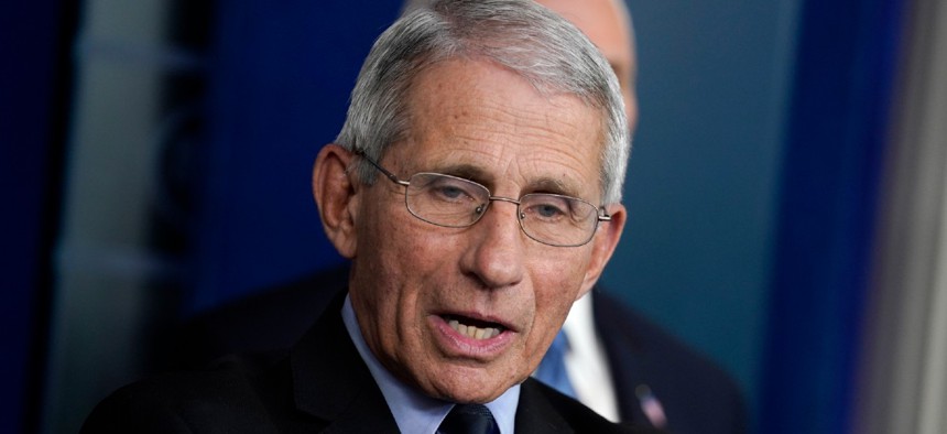Dr. Anthony Fauci, director of the National Institute of Allergy and Infectious Diseases, speak during a press briefing with the coronavirus task force, at the White House March 17.
