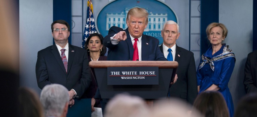 President Donald Trump speaks during press briefing with the coronavirus task force, at the White House March 18.