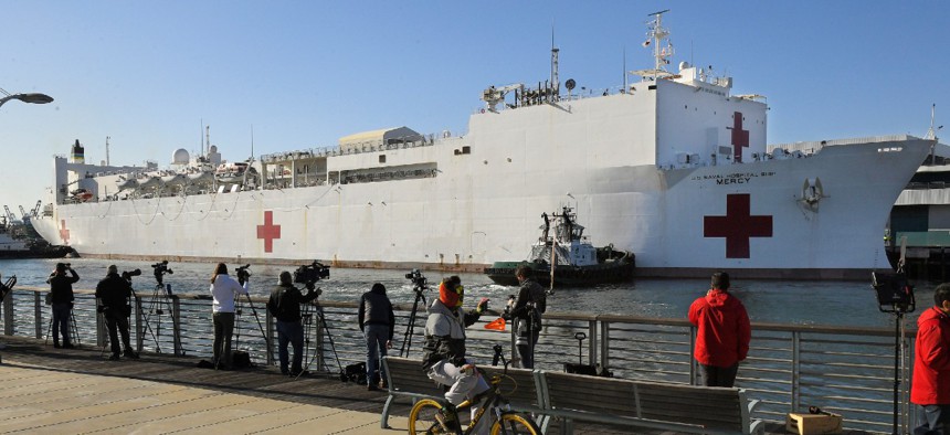 USNS Mercy enters the Port of Los Angeles on March 27.