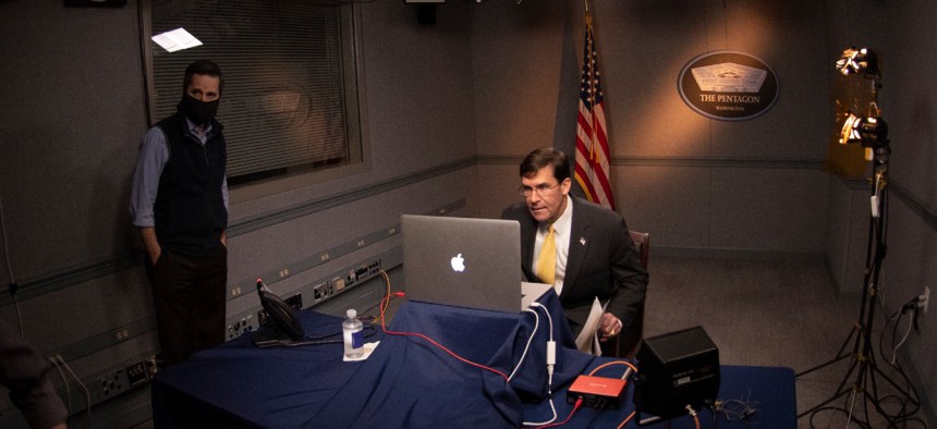 Defense Secretary Mark Esper participates in a Brookings Institution webinar at the Pentagon May 4.