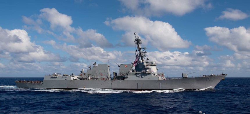 The Arleigh Burke-class guided-missile destroyer USS Sterett (DDG 104) steams in the Pacific Ocean. 