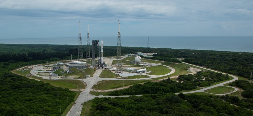 A United Launch Alliance Atlas V rocket with NASA’s Mars 2020 Perseverance rover onboard is seen on the launch pad at Space Launch Complex 41 after being rolled out of the Vertical Integration Facility, Tuesday, July 28, 2020, at Cape Canaveral Air Force 