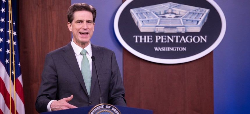 DOD CIO Dana Deasy speaks about the COVID-19 Telework Readiness Task Force on April 13 in the Pentagon Briefing Room.