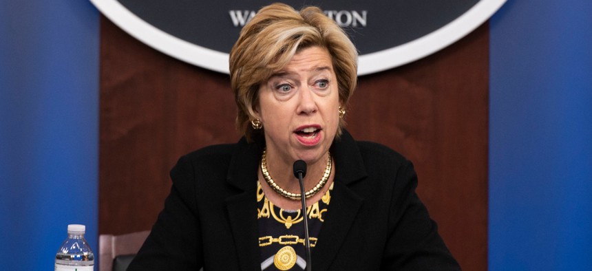 Undersecretary of Defense for Acquisition and Sustainment EllenLord holds a press briefing at the Pentagon Aug. 26.