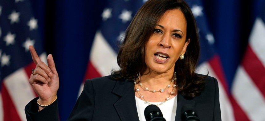 Democratic vice presidential candidate Sen. Kamala Harris, D-Calif., speaks in Washington Aug. 27.