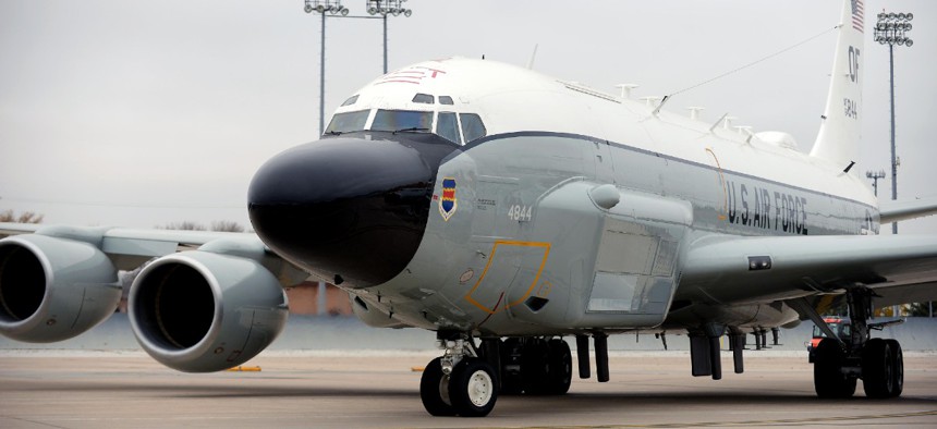 An Offutt-based RC-135 V/W Rivet Joint aircraft taxis out of its parking spot during Global Thunder 17, U.S. Strategic Command’s annual command post and field training exercise, Oct. 30, 2016.