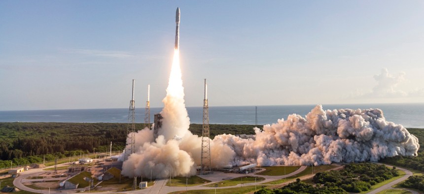 A United Launch Alliance Atlas V rocket carrying the Mars 2020 mission with the Perseverance rover lifts off from Space Launch Complex-41 at 7:50 a.m. EDT on July 30, 2020.