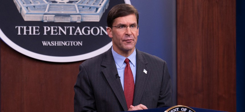 Secretary of Defense Mark Esper records statement for virtual A.I. Symposium in the Pentagon Briefing Room Sept. 8.