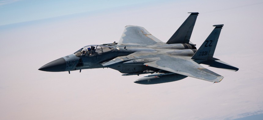 A U.S. Air Force F-15C Eagle flies over the U.S. Central Command area of responsibility, Aug. 16, 2020.