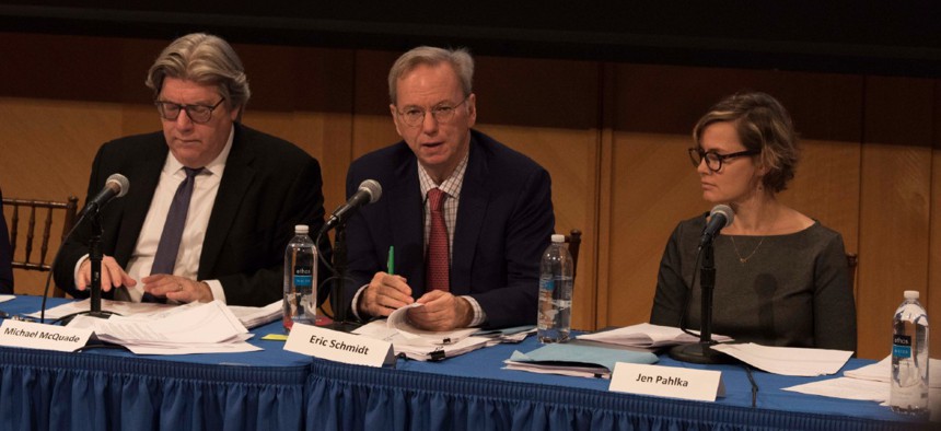 Former Google CEO Eric Schmidt and Code for America Founder Jennifer Pahlka at a  Defense Innovation Board meeting in Oct. 31, 2019.