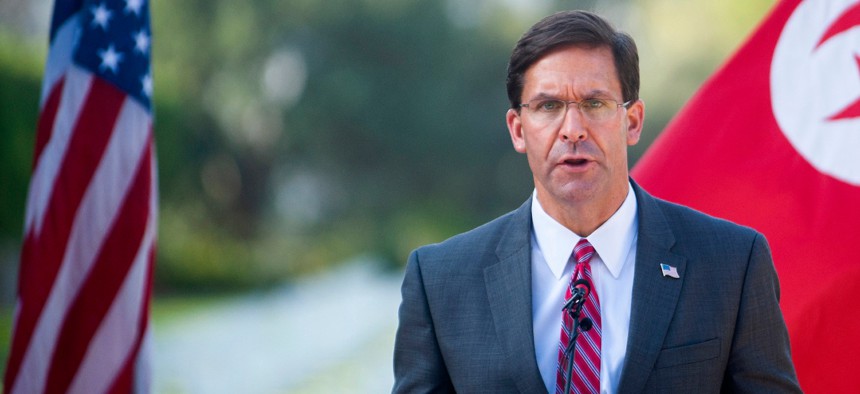 Secretary of Defense Mark Esper delivers his speech as he visits the American military cemetery in Carthage Sept. 30.