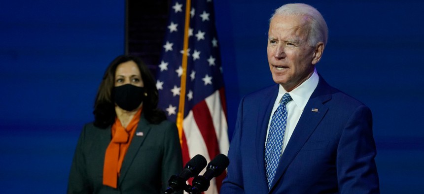 President-elect Joe Biden, joined by Vice President-elect Kamala Harris, speaks at The Queen theater Nov. 9.