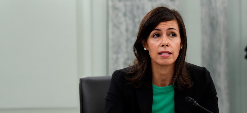 Jessica Rosenworcel answers a question during a Senate Commerce, Science, and Transportation committee hearing to examine the Federal Communications Commission on Capitol Hill June 24.