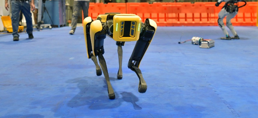 A Boston Dynamics’ Spot robot performs during a Jan. 13 demonstration in Waltham, Mass. 