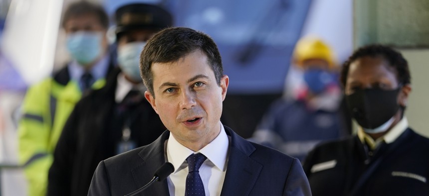 Transportation Secretary Pete Buttigieg speaks at Union Station in Washington, Friday, Feb. 5, 2021. Buttigieg met with transit and rail workers, as well as officials from Amtrak, the Washington Metropolitan Area Transit Authority, the Maryland Transit Ad