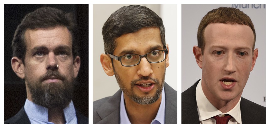 This combination of 2018-2020 photos shows, from left, Twitter CEO Jack Dorsey, Google CEO Sundar Pichai, and Facebook CEO Mark Zuckerberg. The CEOs of social media giants Facebook, Twitter and Google face a new grilling by Congress, Thursday, March 25, 2