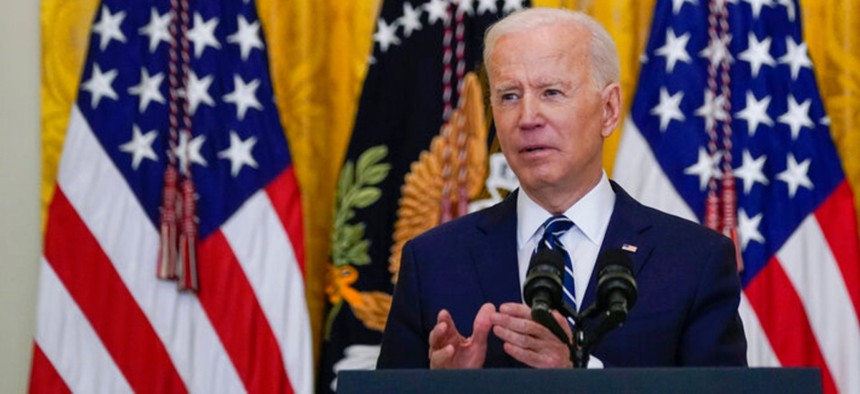 President Joe Biden speaks during a news conference in the East Room of the White House March 25.