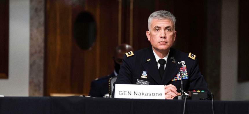 Gen. Paul Nakasone speaks at a hearing to examine United States Special Operations Command and United States Cyber Command in review of the Defense Authorization Request for fiscal year 2022 and the Future Years Defense Program March 25.