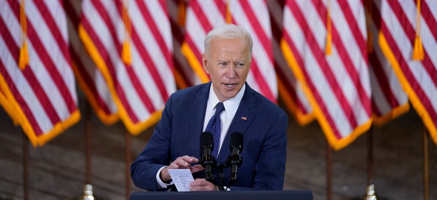 President Joe Biden delivers a speech on infrastructure spending at Carpenters Pittsburgh Training Center March 31.