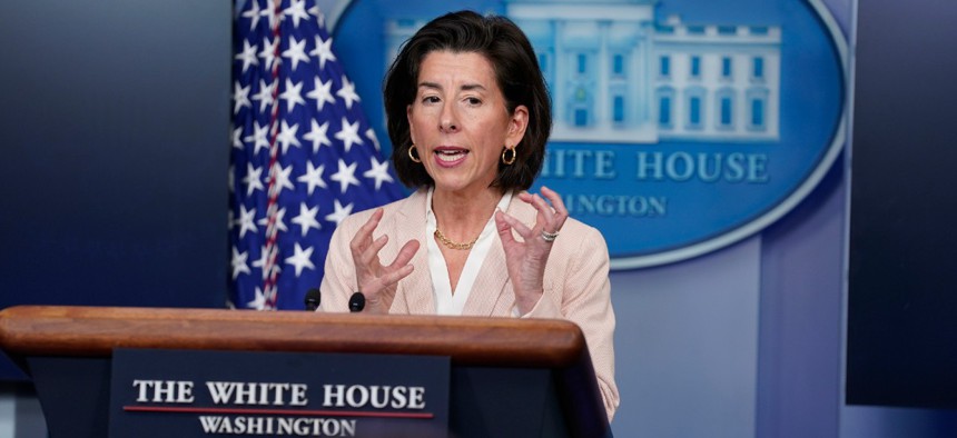 Commerce Secretary Gina Raimondo speaks during a press briefing at the White House April 7.
