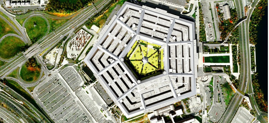 3D drone satellite view of Pentagon building Washington DC USA