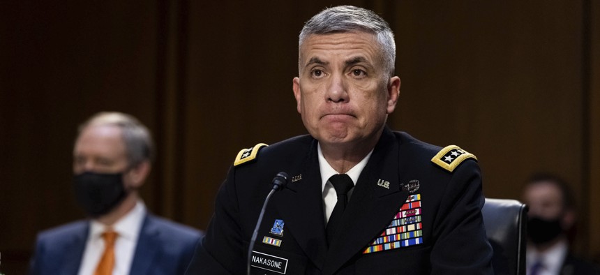National Security Agency (NSA) Director Gen. Paul Nakasone testifies during a Senate Select Committee on Intelligence hearing about worldwide threats, on Capitol Hill in Washington, Wednesday, April 14, 2021. 