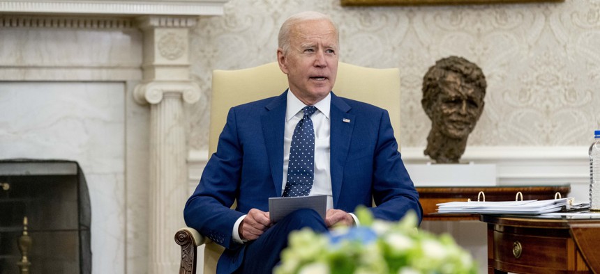 President Joe Biden speaks during a meeting with members of the Congressional Asian Pacific American Caucus Executive Committee at the White House in Washington, Thursday, April 15, 2021.
