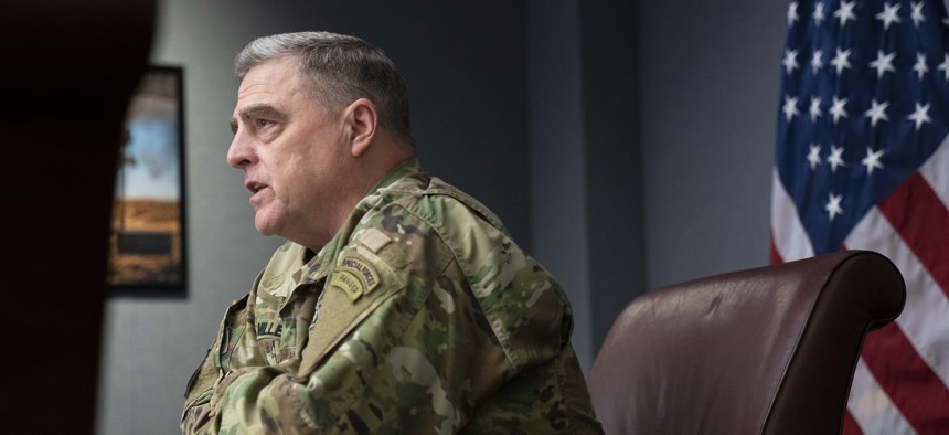 Army Gen. Mark A. Milley, chairman of the Joint Chiefs of Staff, speaks during a Harvard National Security Fellows Virtual Meeting at the Pentagon, May 7, 2020.
