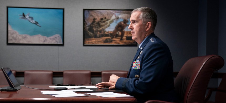 Vice Chairman of the Joint Chiefs of Staff Air Force Gen. John E. Hyten speaks during the National Security Space Association’s “Space Time” virtual event at the Pentagon, Jan. 22, 2021.