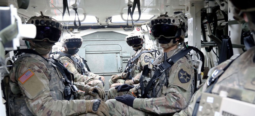 Soldiers wearing the Integrated Visual Augmentation System Capability Set 3 hardware at Joint Base Lewis-McCord.