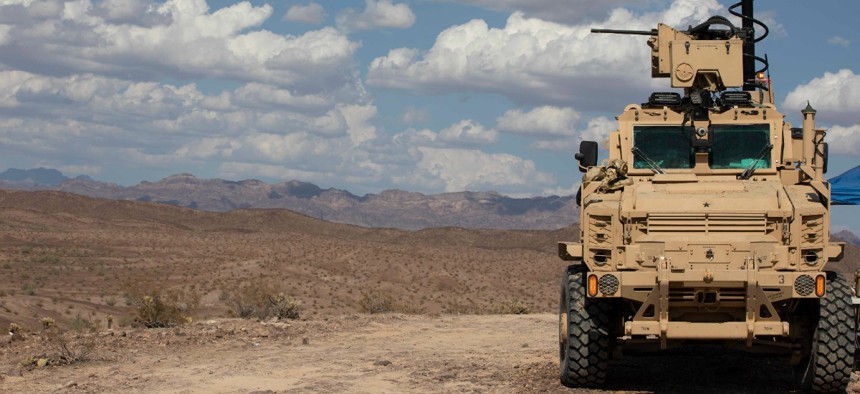 The Next-Generation Combat Vehicle Mine-Resistant Ambush Protected surrogate conducts a live-fire exercise during the Project Convergence capstone event at Yuma Proving Ground, Arizona, Aug. 11 – Sept. 18, 2020. 
