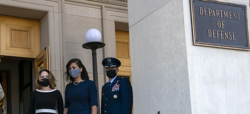 Deputy Secretary of Defense Dr. Kathleen H. Hicks, left, arrives at the Pentagon, Tuesday, Feb. 9, 2021, in Washington. 
