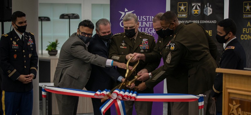 Army Futures Command conducts am April 15 ribbon-cutting ceremony with Army Gen. Mark Milley to mark a new phase for the Army Software Factory, which now has an official presence within the Austin Community College District’s Rio Grande Campus in Texas.