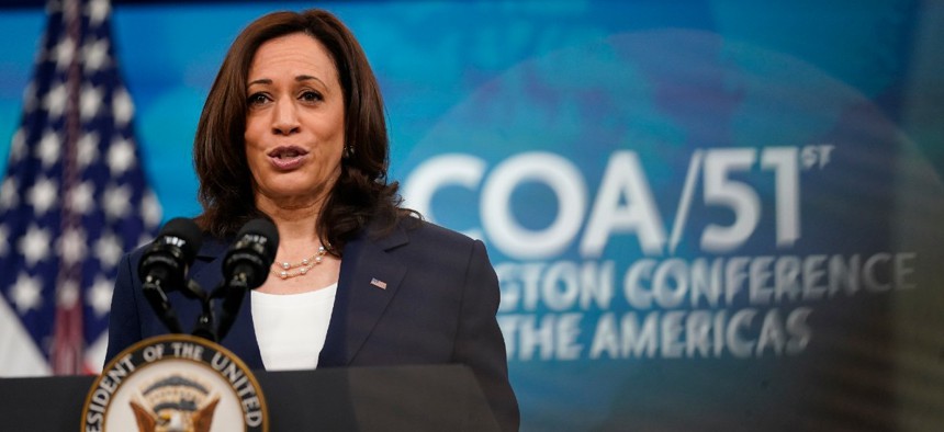 Vice President Kamala Harris delivers remarks to the Washington Conference on the Americas from the South Court Auditorium on the White House campus May 4.