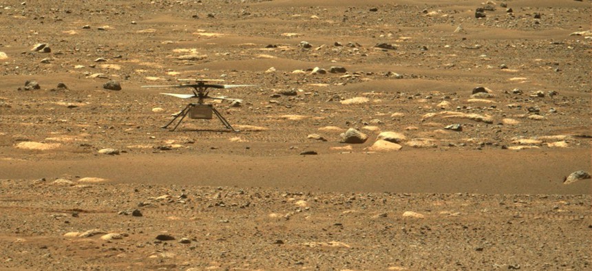 This image from NASA’s Perseverance rover shows the agency’s Ingenuity Mars Helicopter right after it successfully completed a high-speed spin-up test.