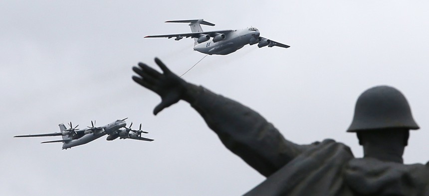 : A Tupolev Tu-95MSM strategic bomber and Ilyushin Il-78 aerial refuelling tanker fly over Moscow during a Victory Day air show marking the 76th anniversary of the victory over Nazi Germany in the World War II. 