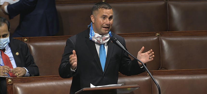 In this image from video, Rep. Darren Soto, D-Fla., speaks on the floor of the House of Representatives at the U.S. Capitol in Washington, Thursday, April 23, 2020.