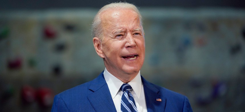 President Joe Biden speaks at Sportrock Climbing Centers, Friday, May 28, 2021, in Alexandria, Va.