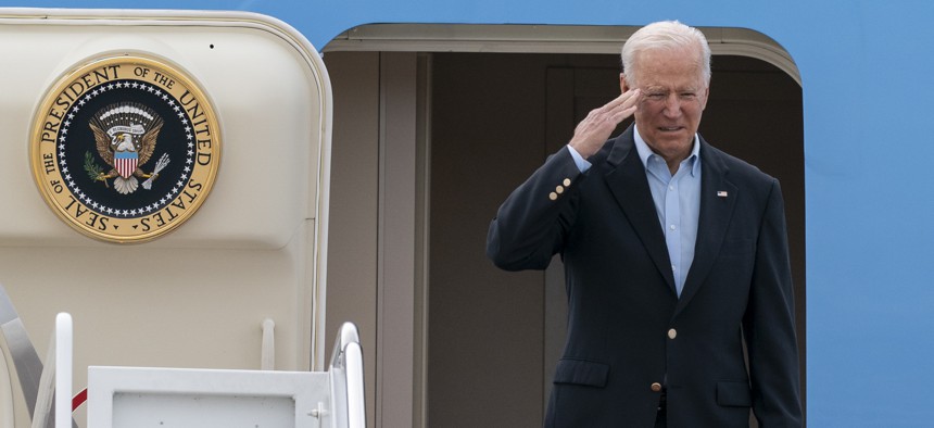 President Joe Biden salutes as he boards Air Force One upon departure, Wednesday, June 9, 2021, at Andrews Air Force Base, Md. Biden is embarking on the first overseas trip of his term, and is eager to reassert the United States on the world stage, steadying European allies deeply shaken by his predecessor and pushing democracy as the only bulwark to the rising forces of authoritarianism.